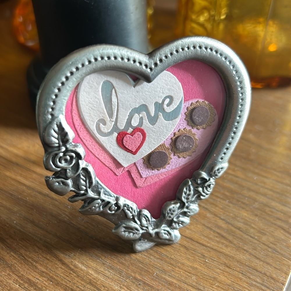 Vintage Framed Valentines Box of Chocolates in a Heart-Shaped Pewter Frame